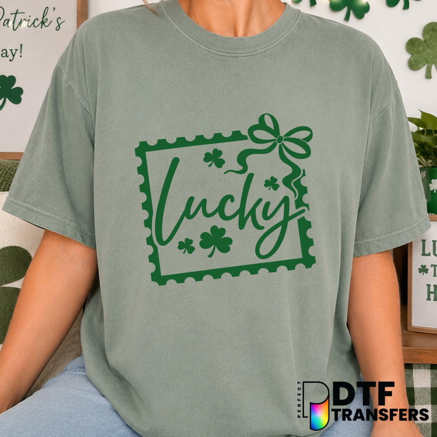 Lucky Coquette Stamp Clover – St. Patrick's Day DTF Transfer (view 2 of 2) – by Perfect DTF Transfers – Premade DTF Transf...
