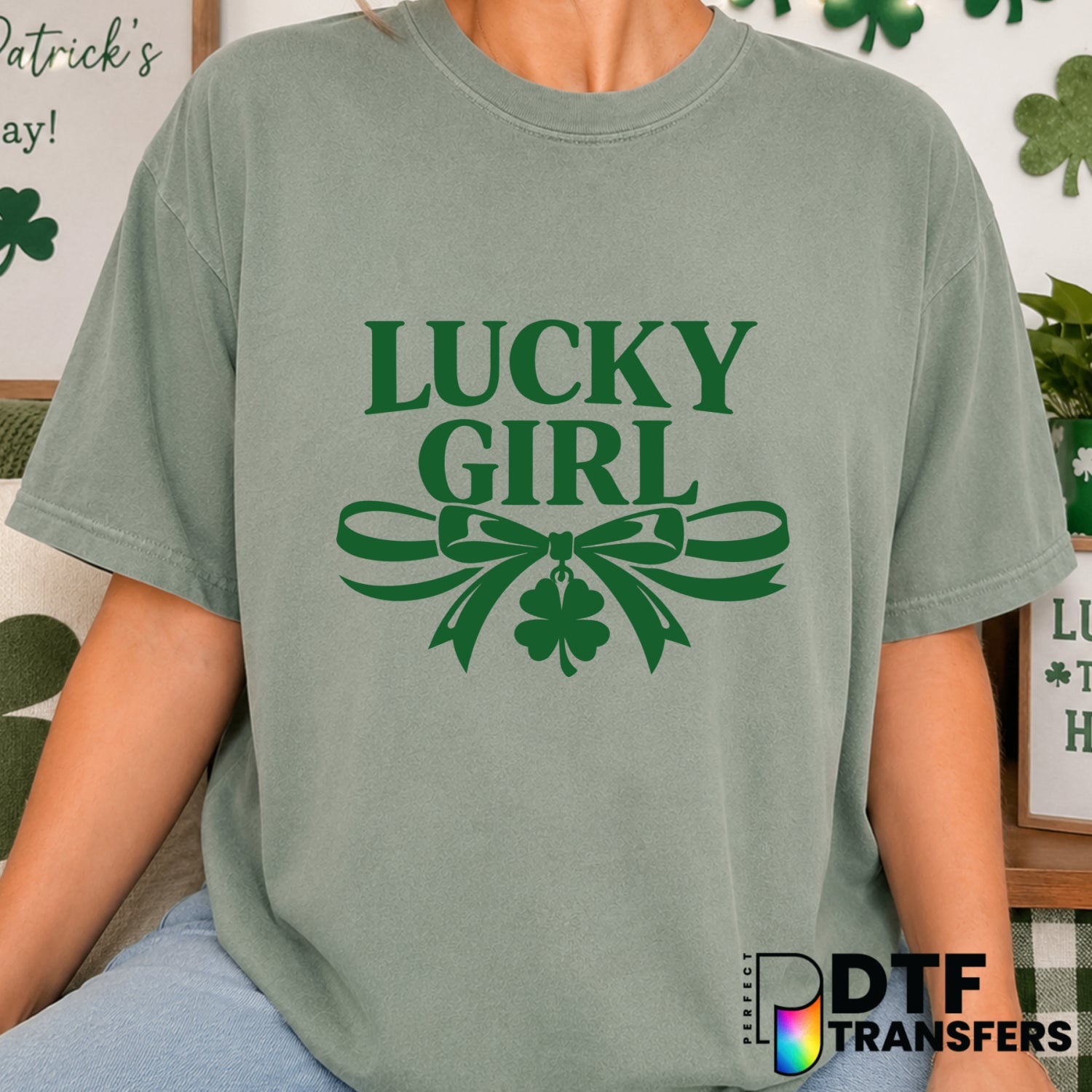 Lucky Girl Shamrock Coquette Green Bow St. Patrick's Day – DTF Transfer (view 2 of 2) – by Perfect DTF Transfers – Premade...
