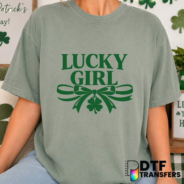 Lucky Girl Shamrock Coquette Green Bow St. Patrick's Day – DTF Transfer (view 2 of 2) – by Perfect DTF Transfers – Premade...