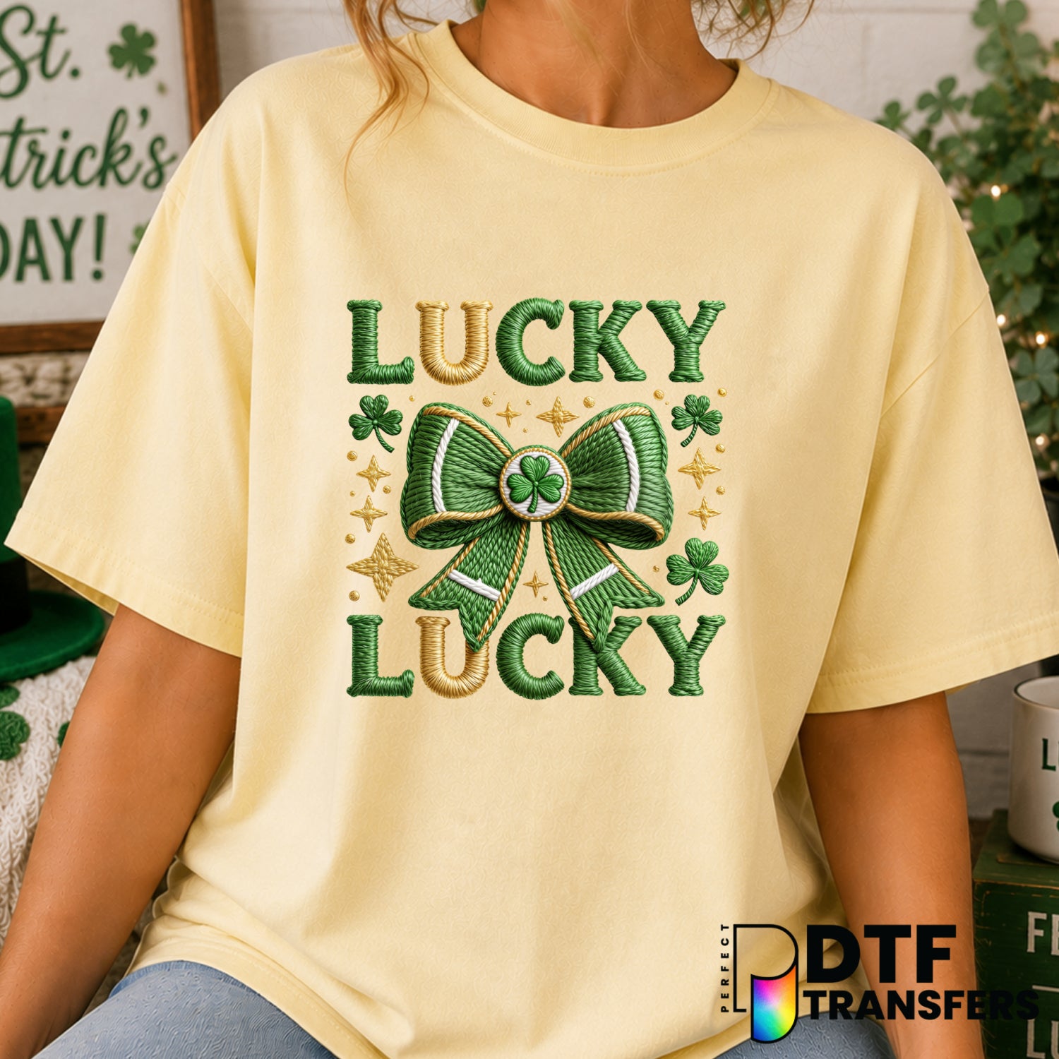 Lucky Lucky Coquette St Patrick's Day Sparkle Clover DTF Transfer (view 1 of 2) – by Perfect DTF Transfers – Premade DTF T...