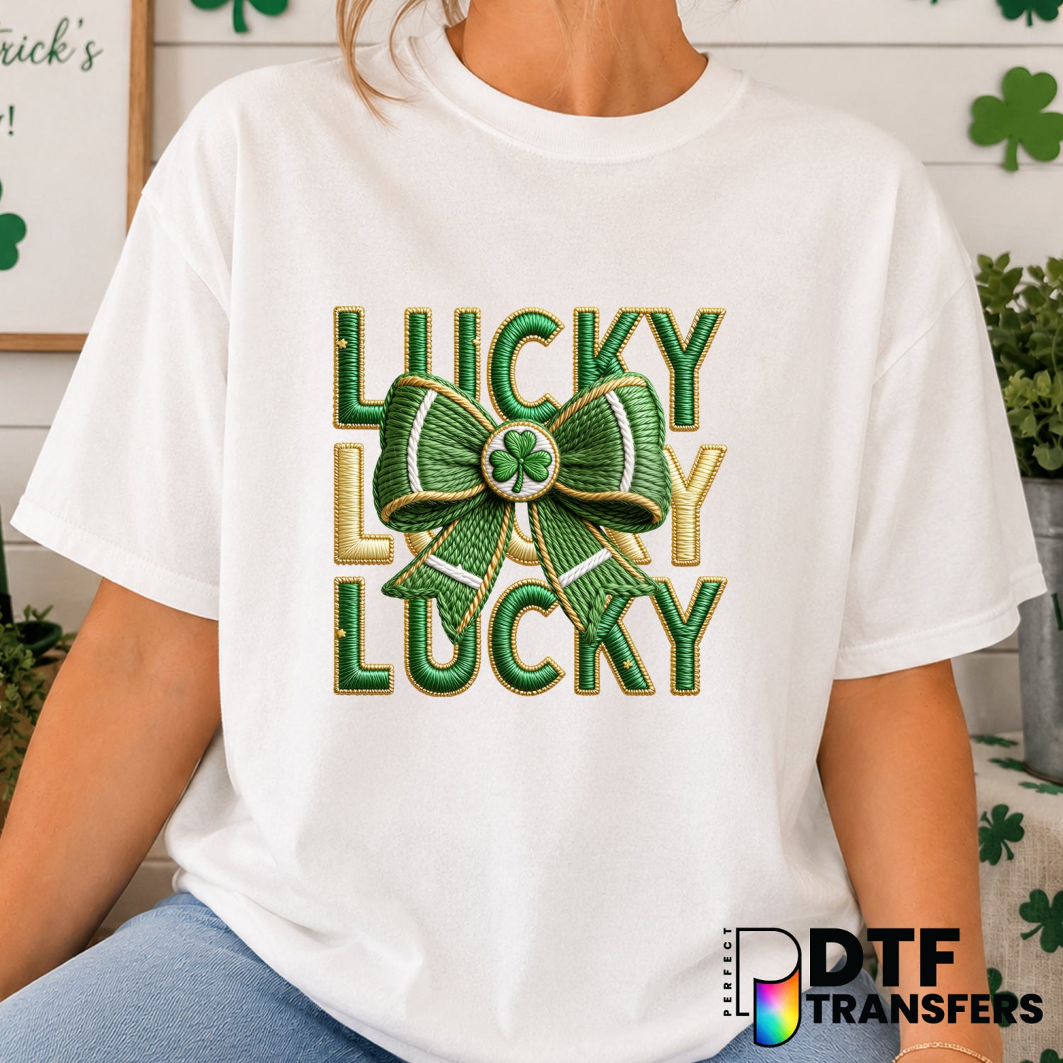 LUCKY Stacked Faux Yarn Coquette Bow – St. Patrick's Day DTF Transfer (view 1 of 2) – by Perfect DTF Transfers – Premade D...