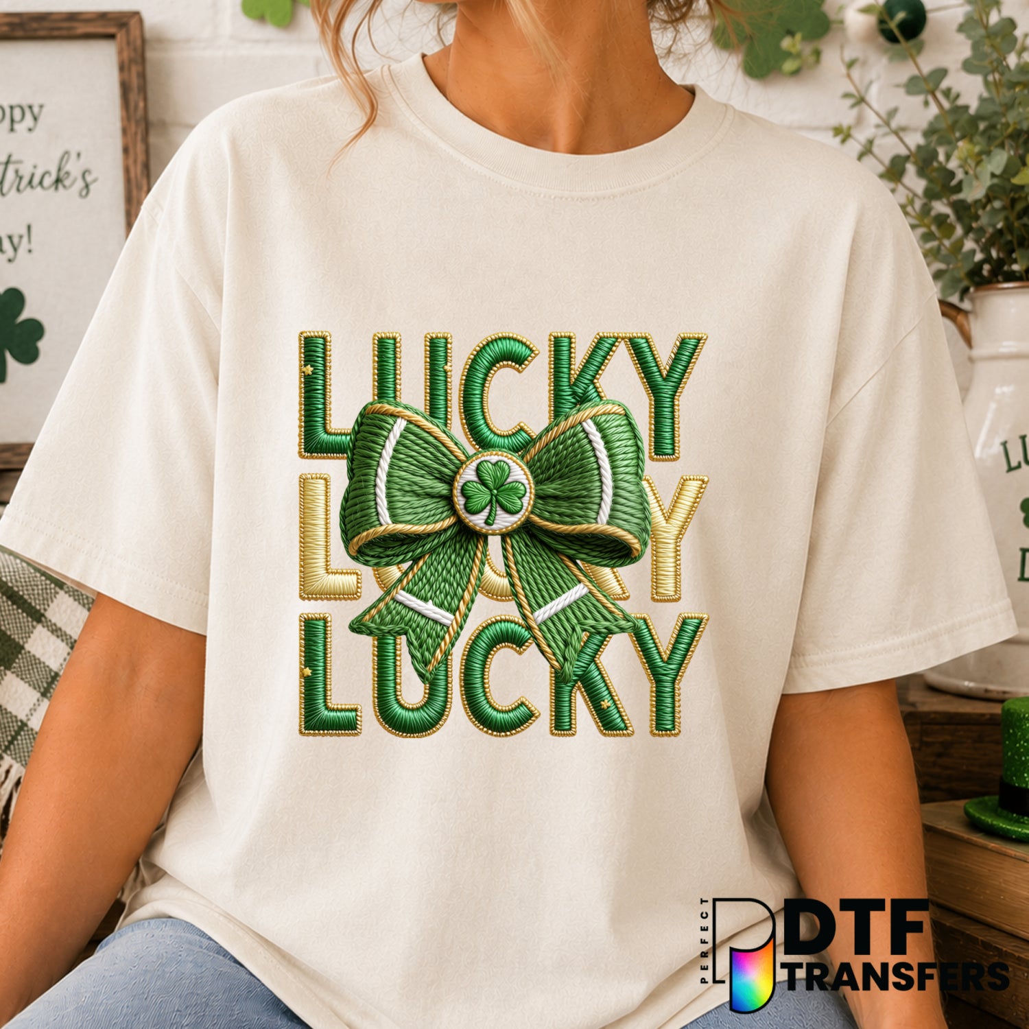LUCKY Stacked Faux Yarn Coquette Bow – St. Patrick's Day DTF Transfer (view 2 of 2) – by Perfect DTF Transfers – Premade D...