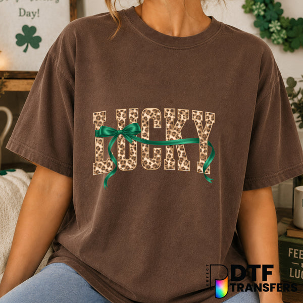 Lucky Varsity Leopard Bow – St. Patrick's Day DTF Transfer (view 1 of 2) – by Perfect DTF Transfers – Premade DTF Transfer...