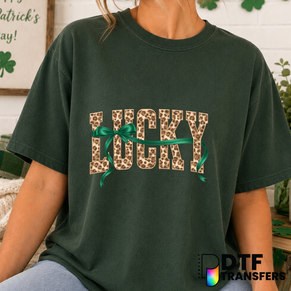 Lucky Varsity Leopard Bow – St. Patrick's Day DTF Transfer (view 2 of 2) – by Perfect DTF Transfers – Premade DTF Transfer...