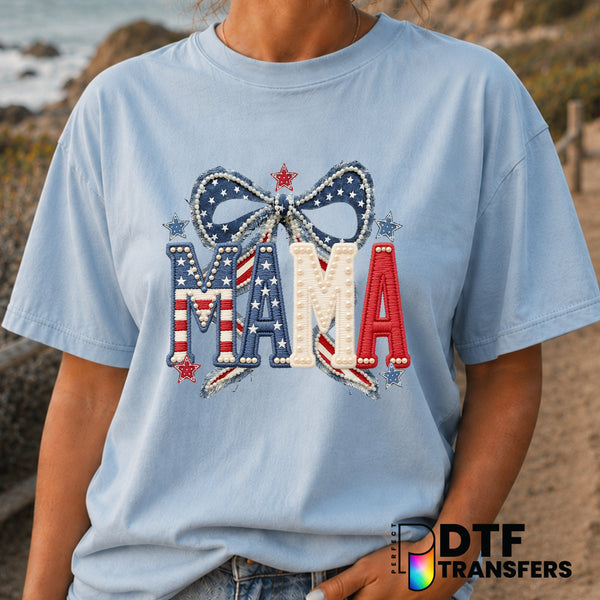 Mama Coquette Faux Denim American Pearls Stars – Mother's Day DTF Transfer (view 1 of 2) – by Perfect DTF Transfers – Prem...