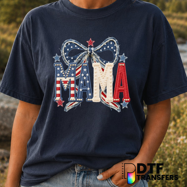 Mama Coquette Faux Denim American Pearls Stars – Mother's Day DTF Transfer (view 2 of 2) – by Perfect DTF Transfers – Prem...