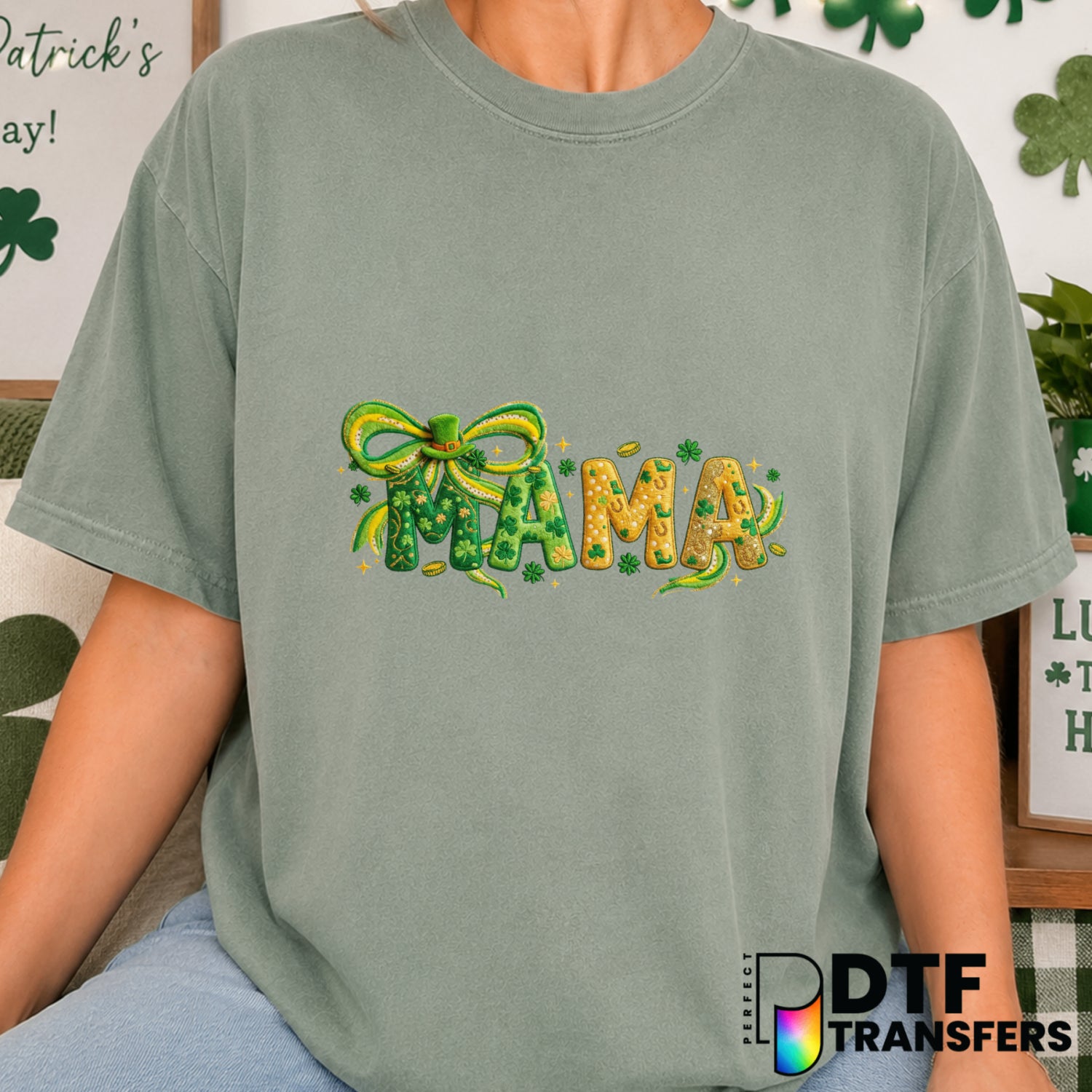 Mama Faux Embroidery Coquette Bow – St. Patrick's Day DTF Transfer (view 2 of 2) – by Perfect DTF Transfers – Premade DTF...