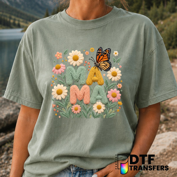 Mama Faux Yarn Floral Butterfly – Mother's Day DTF Transfer (view 1 of 2) – by Perfect DTF Transfers – Premade DTF Transfe...
