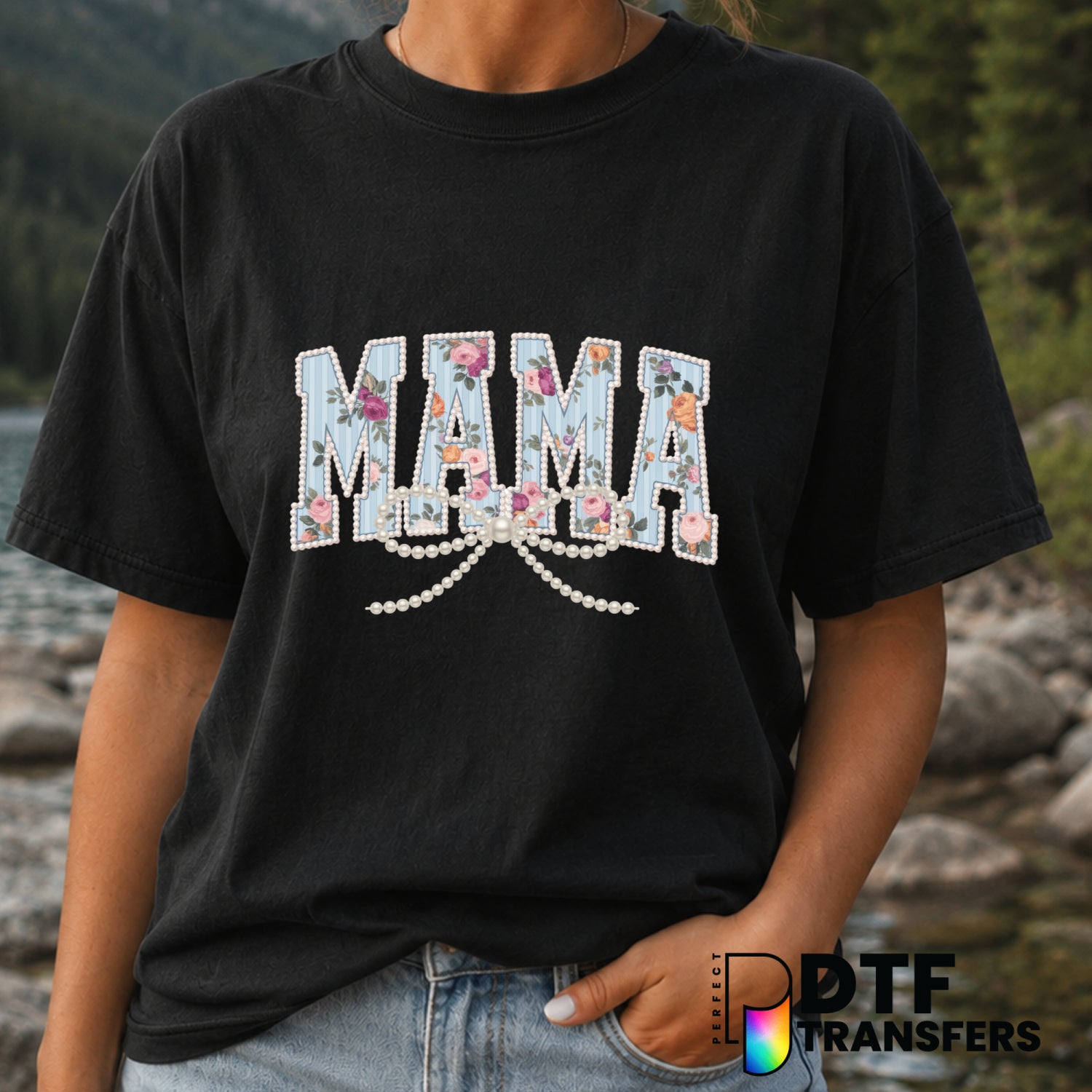 Mama Floral Varsity Arch Pearls – Mother's Day DTF Transfer (view 2 of 2) – by Perfect DTF Transfers – Premade DTF Transfe...