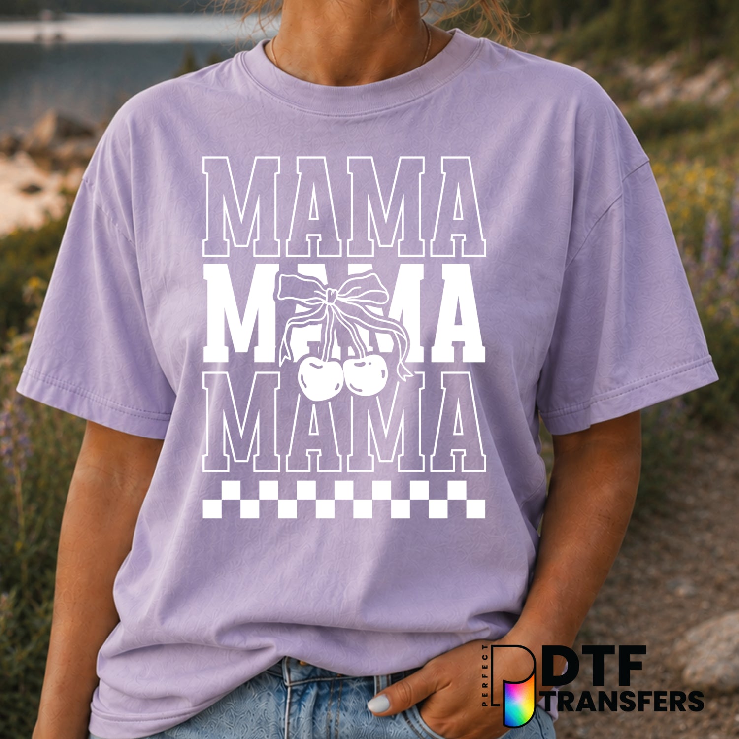 Mama Stacked Cherries Bow Checkered – Mother's Day DTF Transfer (view 1 of 2) – by Perfect DTF Transfers – Premade DTF Tra...