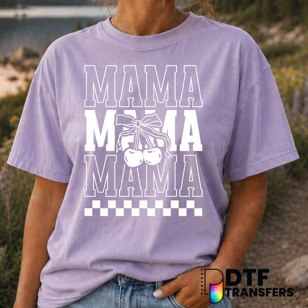 Mama Stacked Cherries Bow Checkered – Mother's Day DTF Transfer (view 1 of 2) – by Perfect DTF Transfers – Premade DTF Tra...