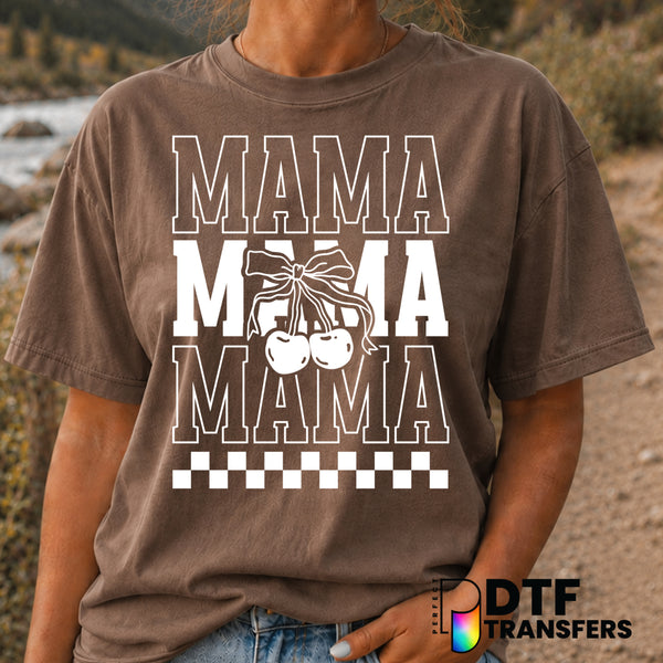 Mama Stacked Cherries Bow Checkered – Mother's Day DTF Transfer (view 2 of 2) – by Perfect DTF Transfers – Premade DTF Tra...