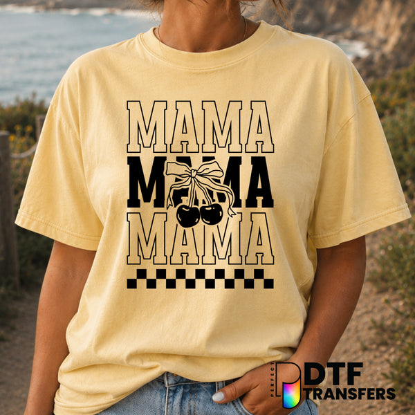 Mama Stacked Coquette Cherries Bow Checkered – Mother's Day DTF Transfer (view 1 of 2) – by Perfect DTF Transfers – Premad...