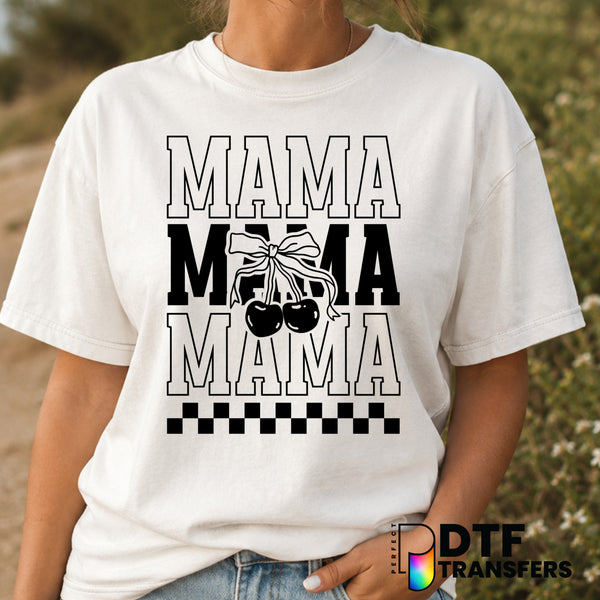Mama Stacked Coquette Cherries Bow Checkered – Mother's Day DTF Transfer (view 2 of 2) – by Perfect DTF Transfers – Premad...