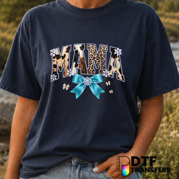 MAMA Varsity Arch Cow Print Coquette Bow – Mother's Day DTF Transfer (view 1 of 2) – by Perfect DTF Transfers – Premade DT...