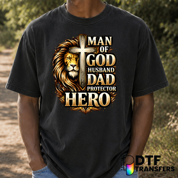 Man God Husband Dad Hero Christian Lion Cross – Father's Day DTF Transfer (view 2 of 2) – by Perfect DTF Transfers – Prema...
