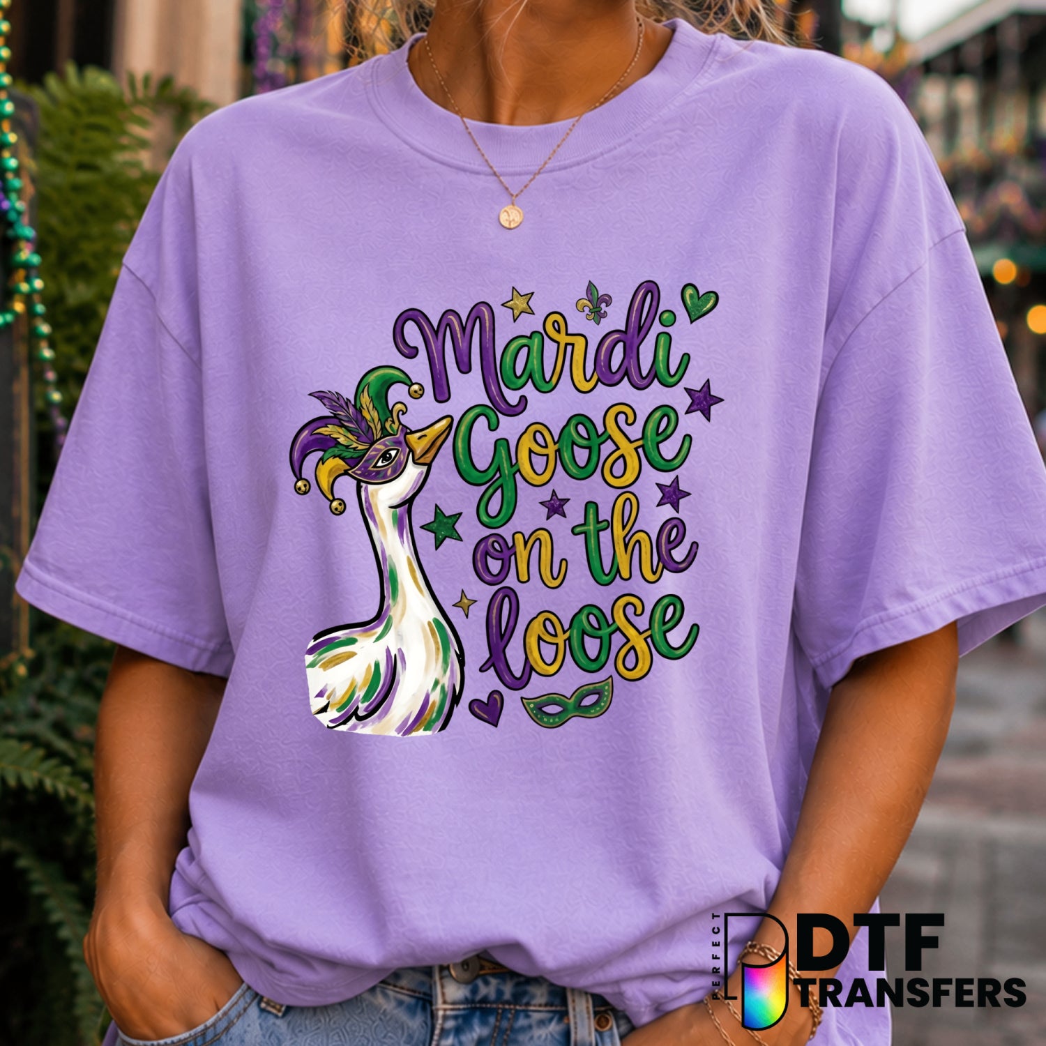 Mardi Goose On The Loose – Mardi Gras DTF Transfer (view 1 of 2) – by Perfect DTF Transfers – Premade DTF Transfers – Mard...
