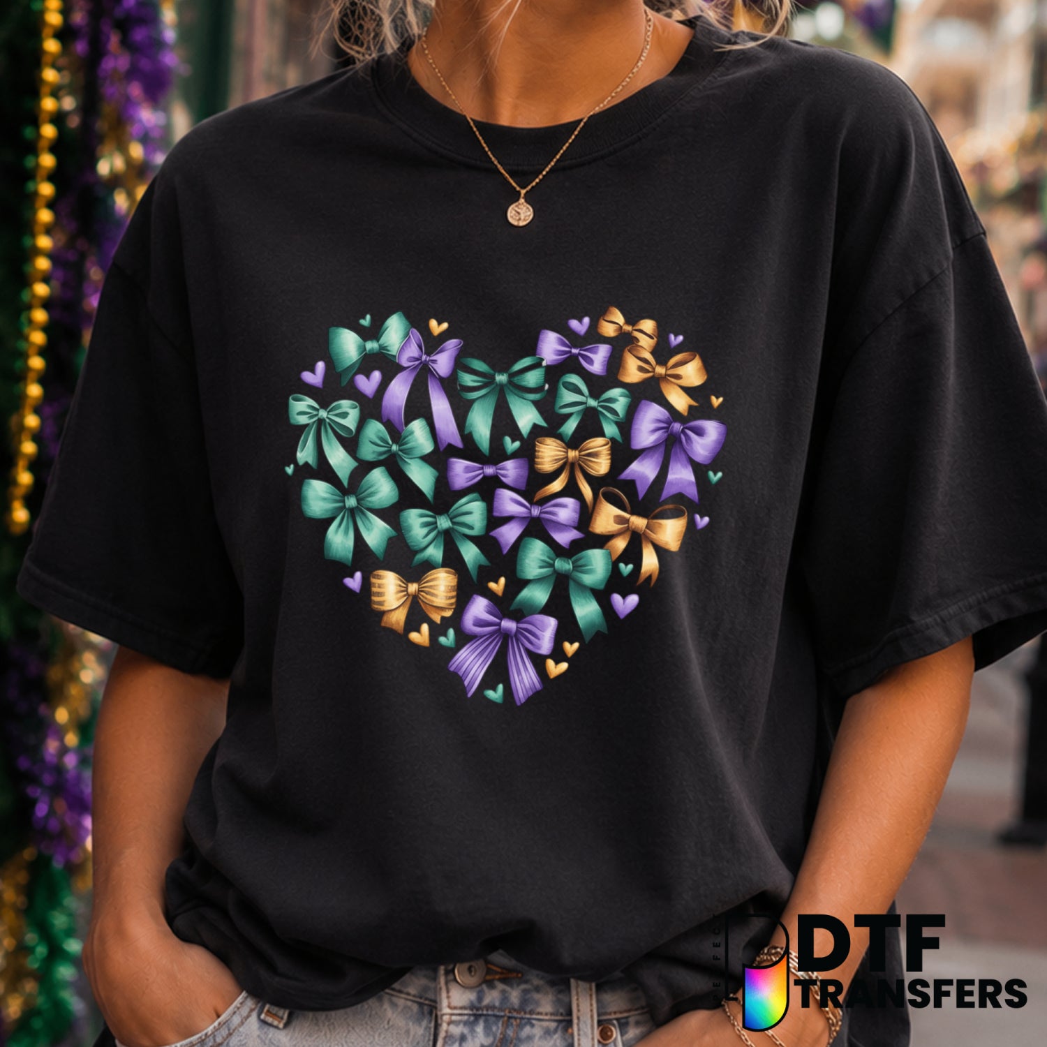 Mardi Gras Coquette Bow Heart – DTF Transfer (view 1 of 2) – by Perfect DTF Transfers – Premade DTF Transfers – Mardi Gras...