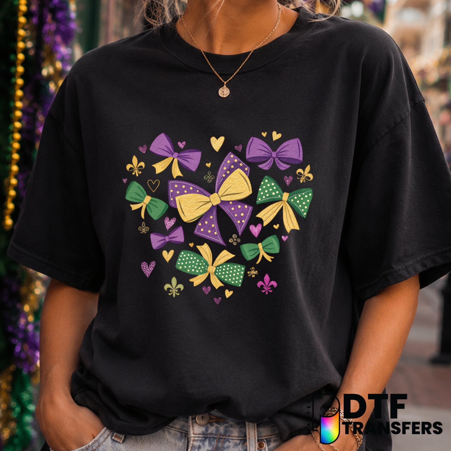 Mardi Gras Coquette Bow Heart Fleur De Lis – DTF Transfer (view 1 of 2) – by Perfect DTF Transfers – Premade DTF Transfers...