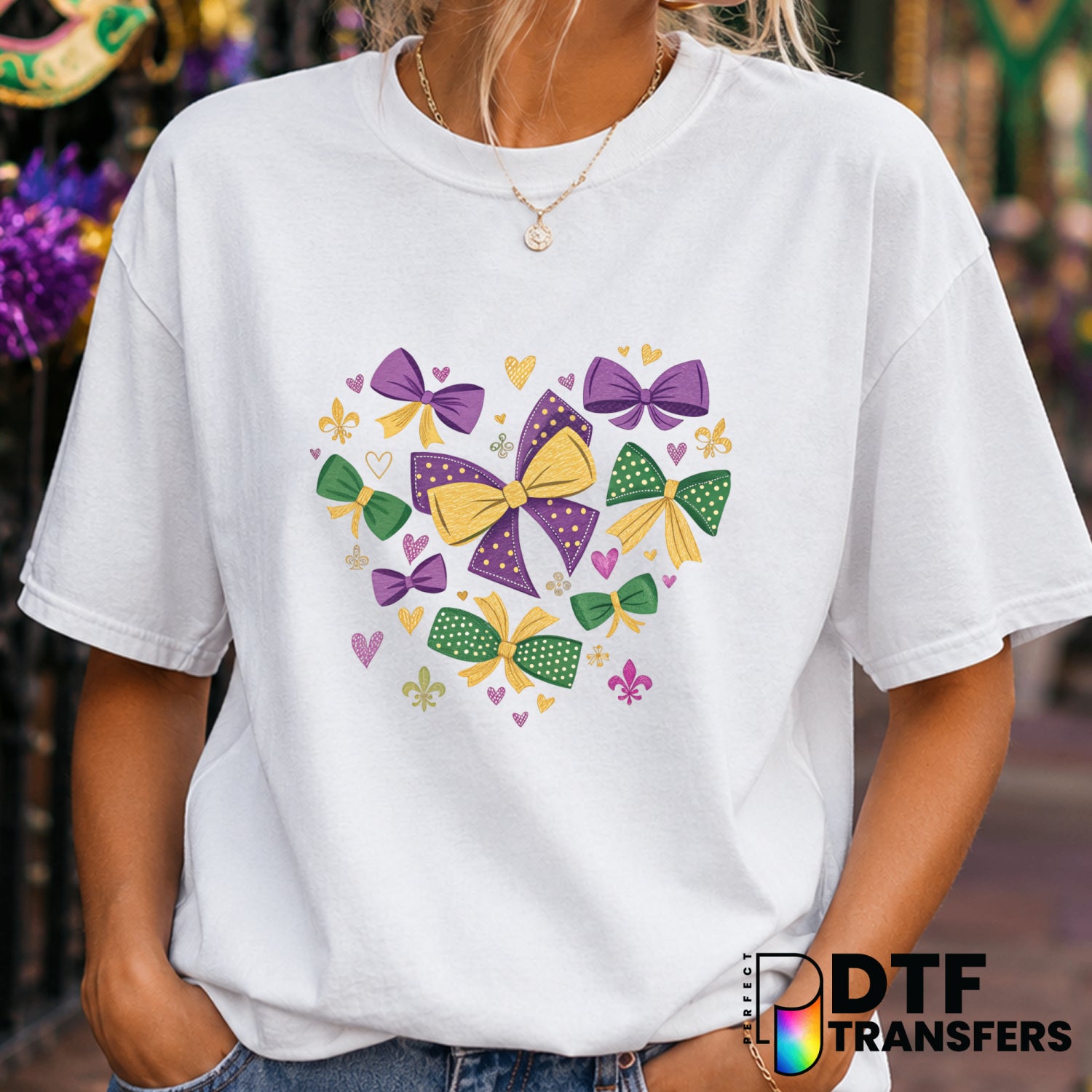 Mardi Gras Coquette Bow Heart Fleur De Lis – DTF Transfer (view 2 of 2) – by Perfect DTF Transfers – Premade DTF Transfers...