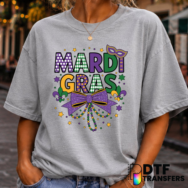 Mardi Gras Coquette Bow – Mardi Gras DTF Transfer (view 2 of 2) – by Perfect DTF Transfers – Premade DTF Transfers – Mardi...