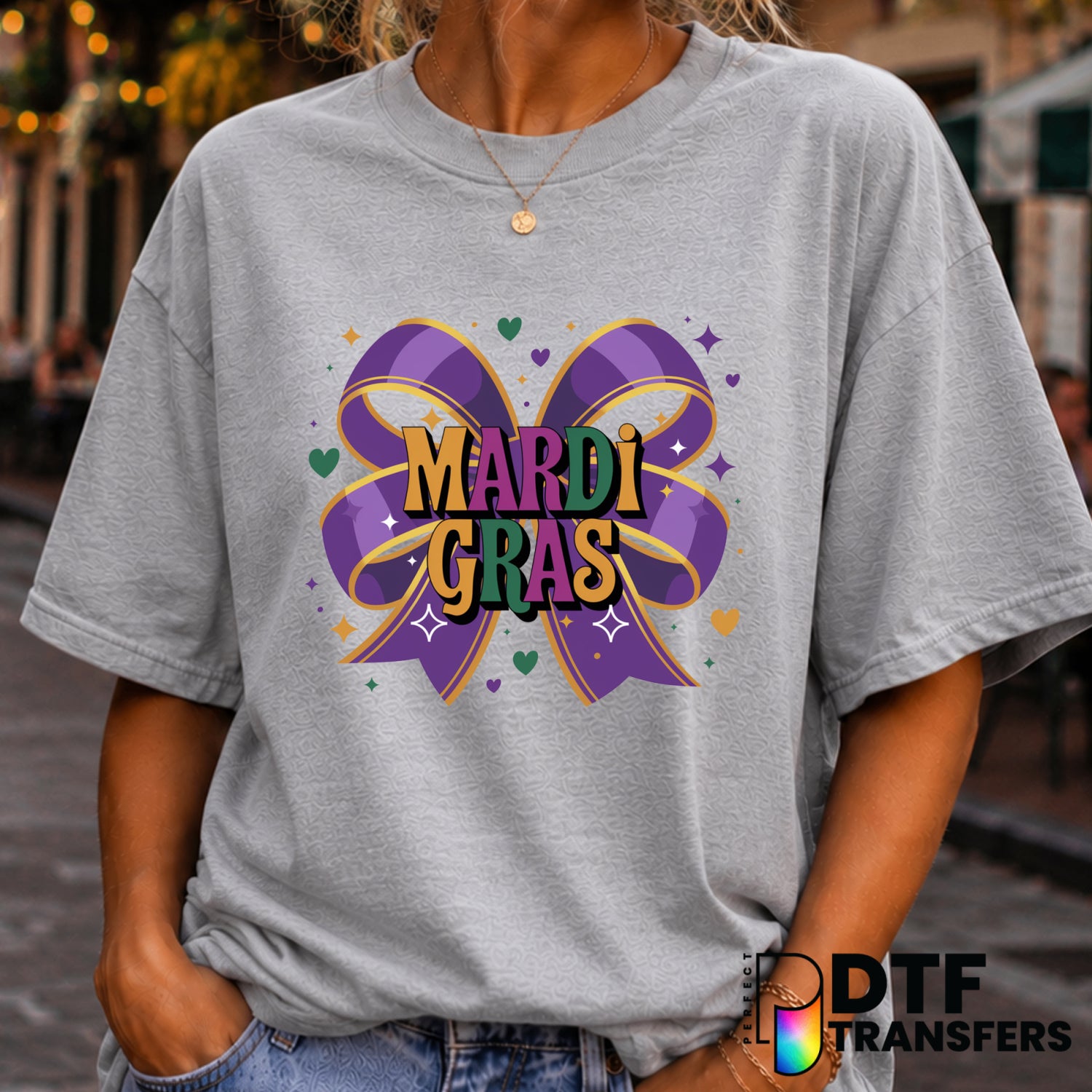Mardi Gras Coquette Bow Stacked Hearts – DTF Transfer (view 1 of 2) – by Perfect DTF Transfers – Premade DTF Transfers – M...