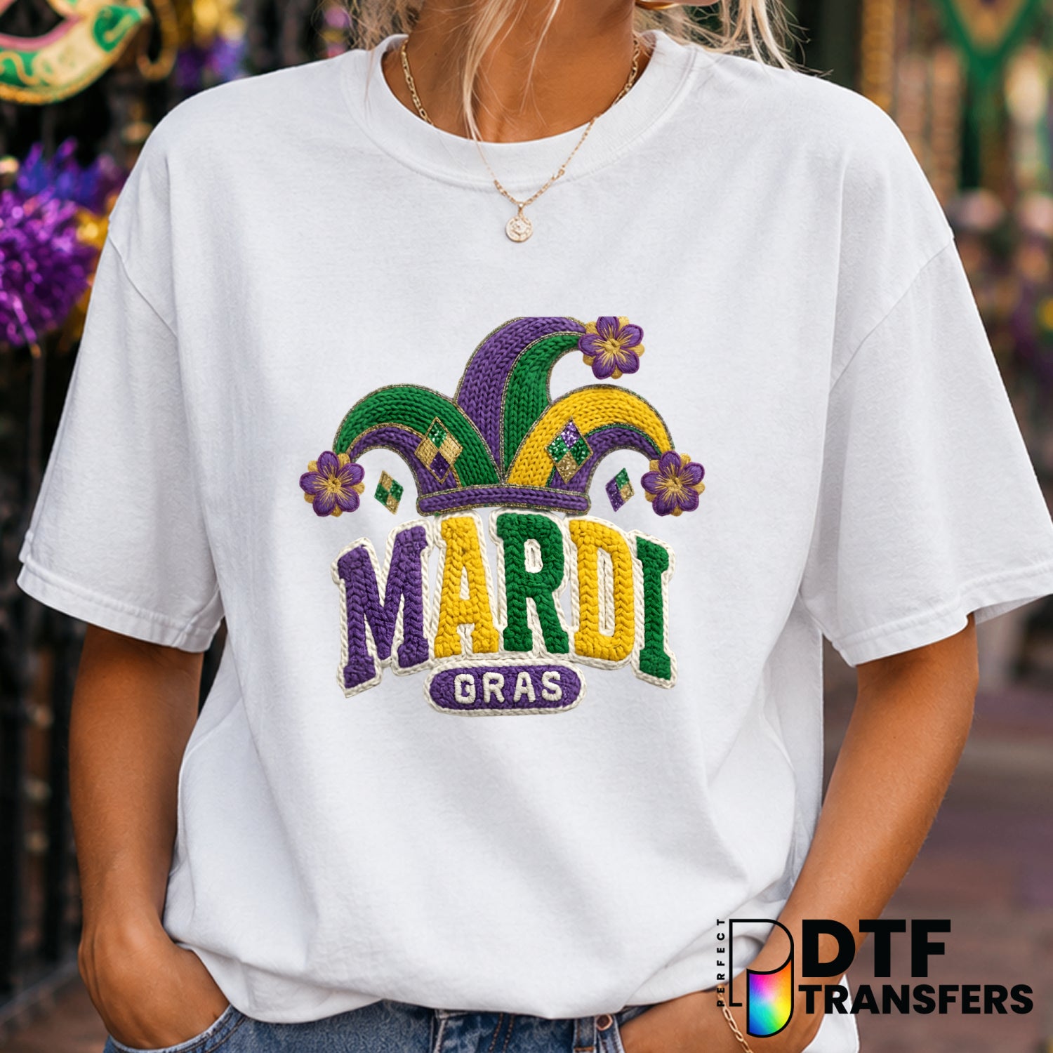 Mardi Gras Faux Crochet Varsity Arch Floral – DTF Transfer (view 2 of 2) – by Perfect DTF Transfers – Premade DTF Transfer...