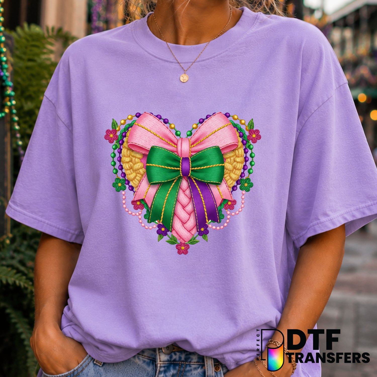 Mardi Gras Heart Bow & Beads – DTF Transfer (view 1 of 2) – by Perfect DTF Transfers – Premade DTF Transfers – Mardi Gras,...
