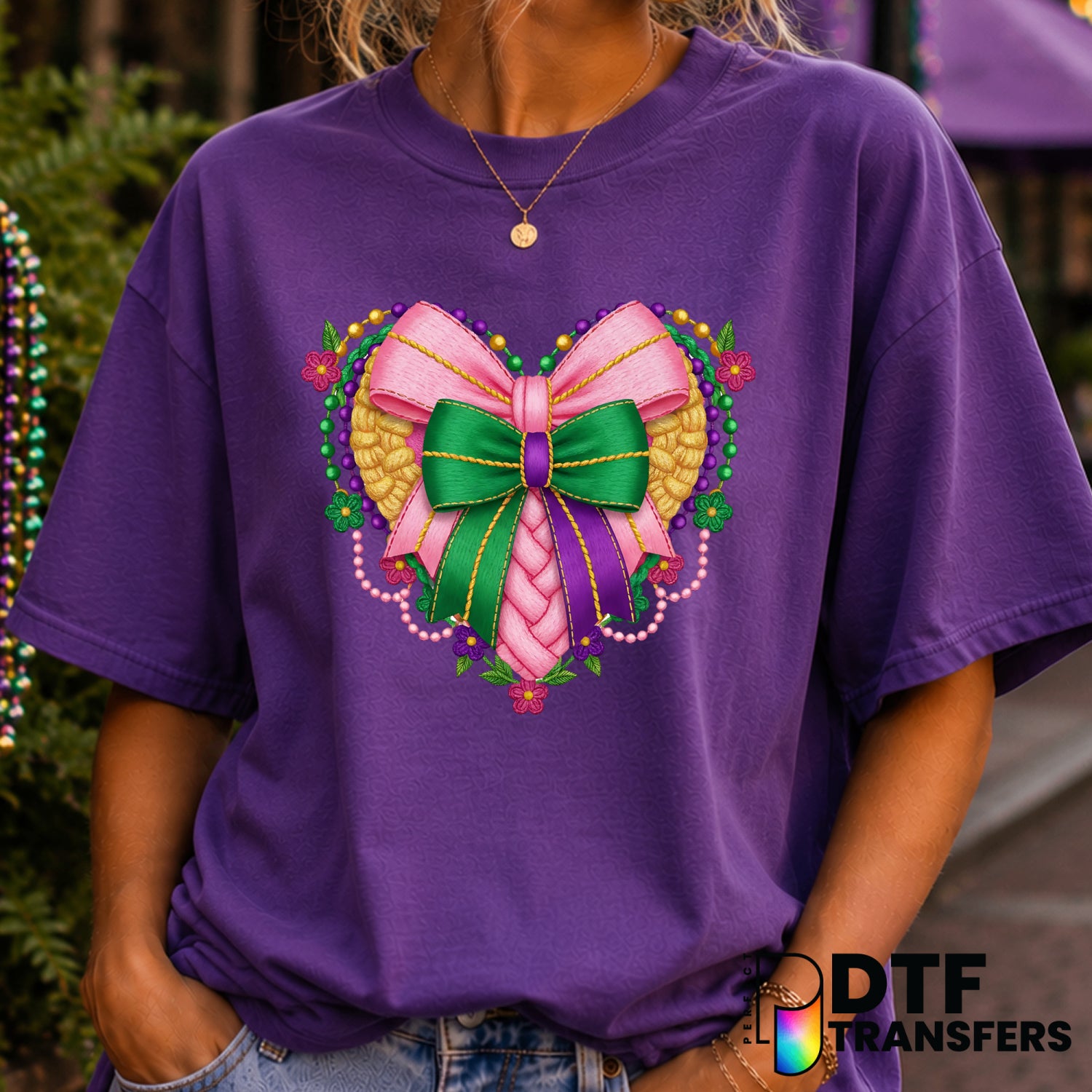 Mardi Gras Heart Bow & Beads – DTF Transfer (view 2 of 2) – by Perfect DTF Transfers – Premade DTF Transfers – Mardi Gras,...