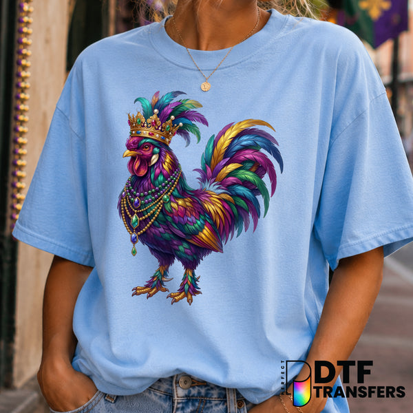 Mardi Gras Rooster with Crown & Beads – DTF Transfer (view 1 of 2) – by Perfect DTF Transfers – Premade DTF Transfers – Ma...