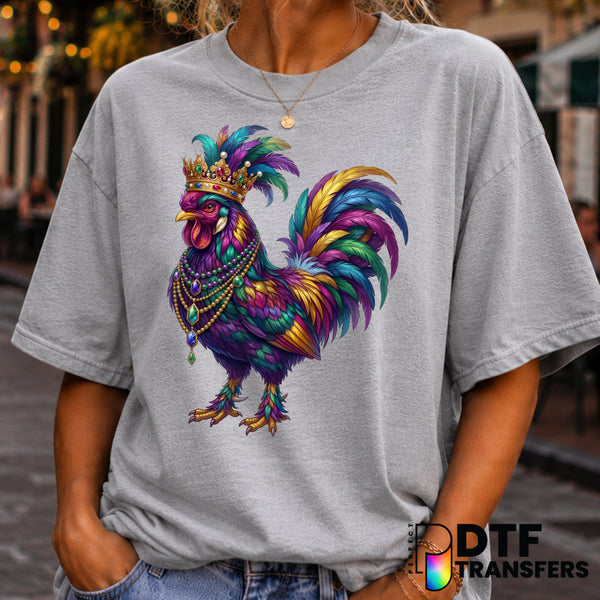 Mardi Gras Rooster with Crown & Beads – DTF Transfer (view 2 of 2) – by Perfect DTF Transfers – Premade DTF Transfers – Ma...