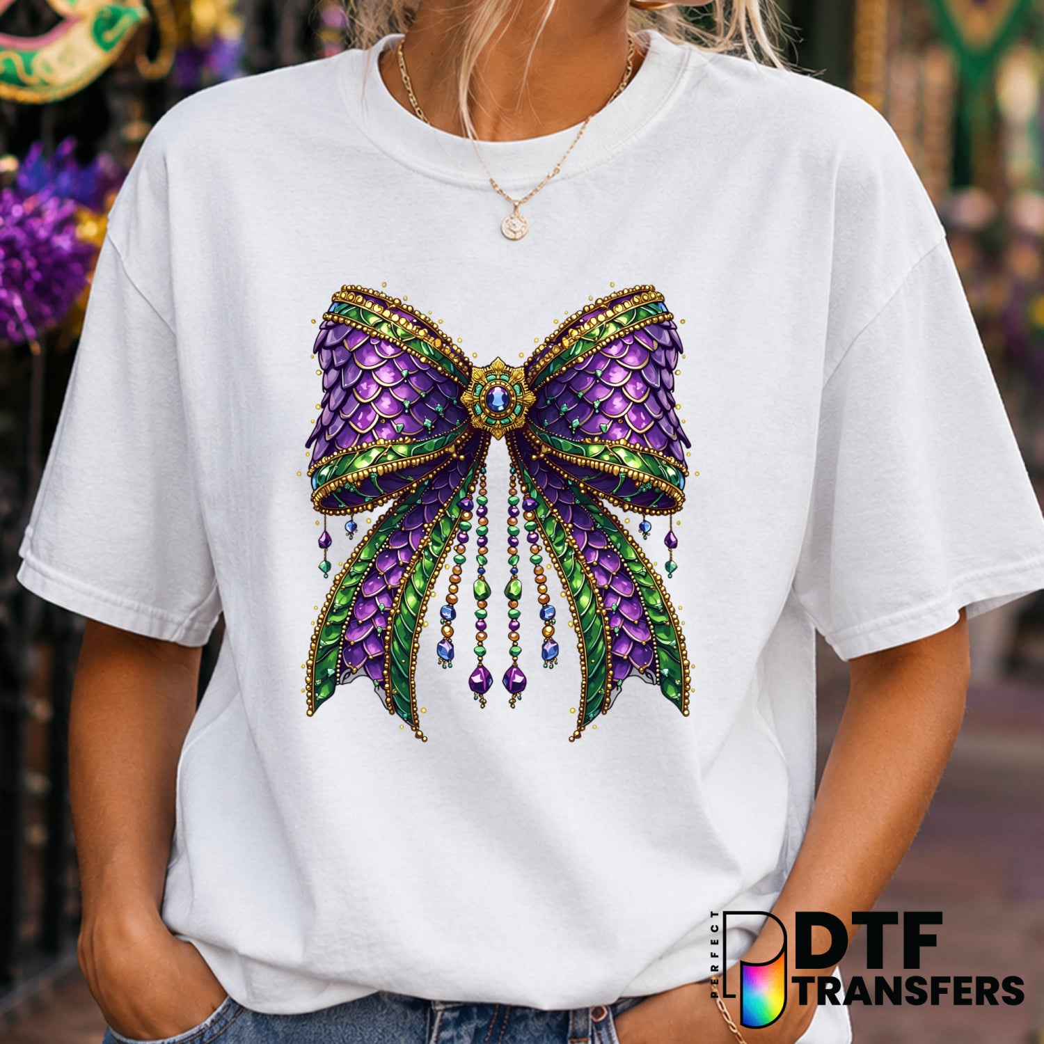 Mardi Gras Scale Coquette Bow – DTF Transfer (view 1 of 2) – by Perfect DTF Transfers – Premade DTF Transfers – Mardi Gras...