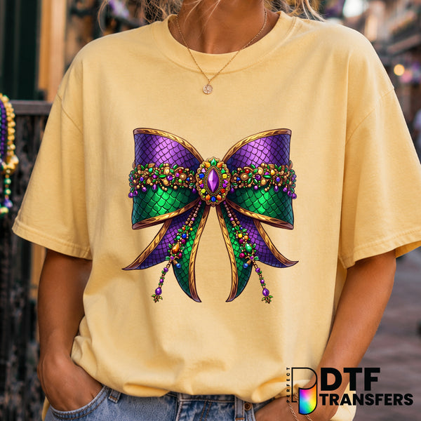 Mardi Gras Scale Coquette Bow with Jewels – DTF Transfer (view 1 of 2) – by Perfect DTF Transfers – Premade DTF Transfers...