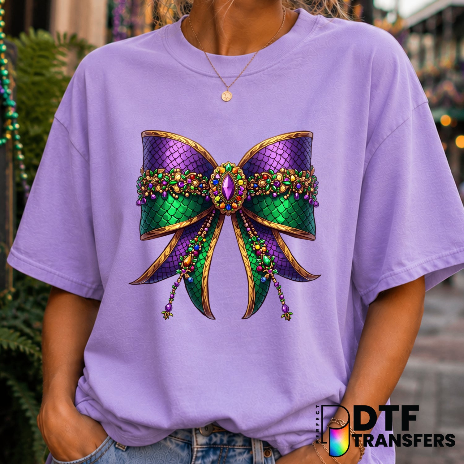 Mardi Gras Scale Coquette Bow with Jewels – DTF Transfer (view 2 of 2) – by Perfect DTF Transfers – Premade DTF Transfers...