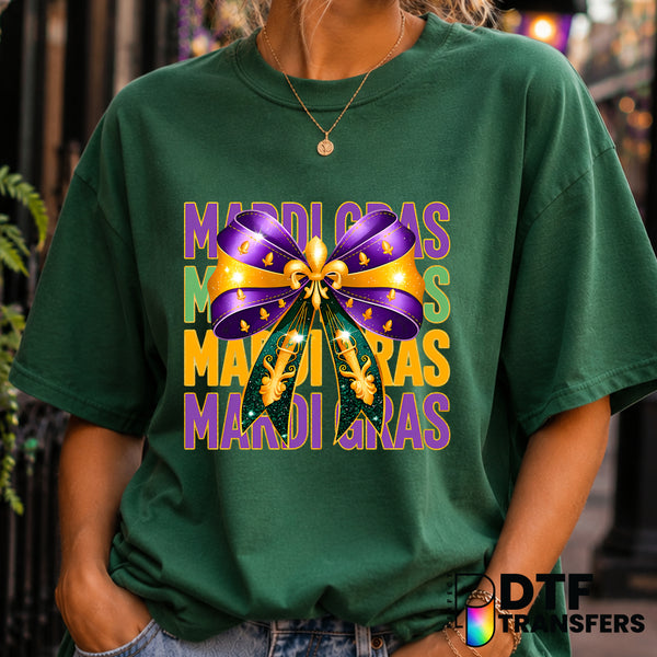 Mardi Gras Stacked Coquette Bow – DTF Transfer (view 1 of 2) – by Perfect DTF Transfers – Premade DTF Transfers – Mardi Gr...