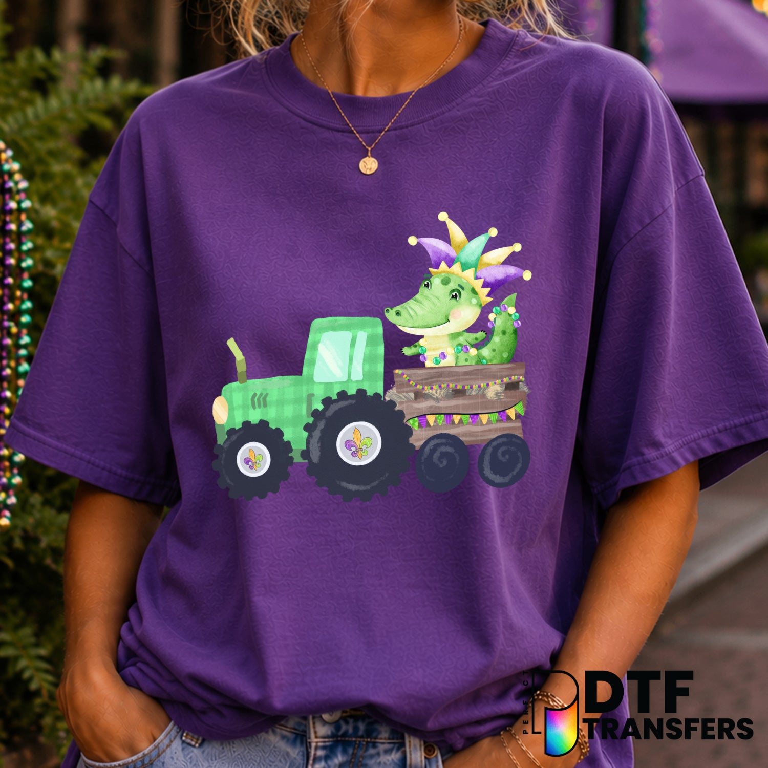 Mardi Gras Tractor Alligator – DTF Transfer (view 2 of 2) – by Perfect DTF Transfers – Premade DTF Transfers – Mardi Gras,...