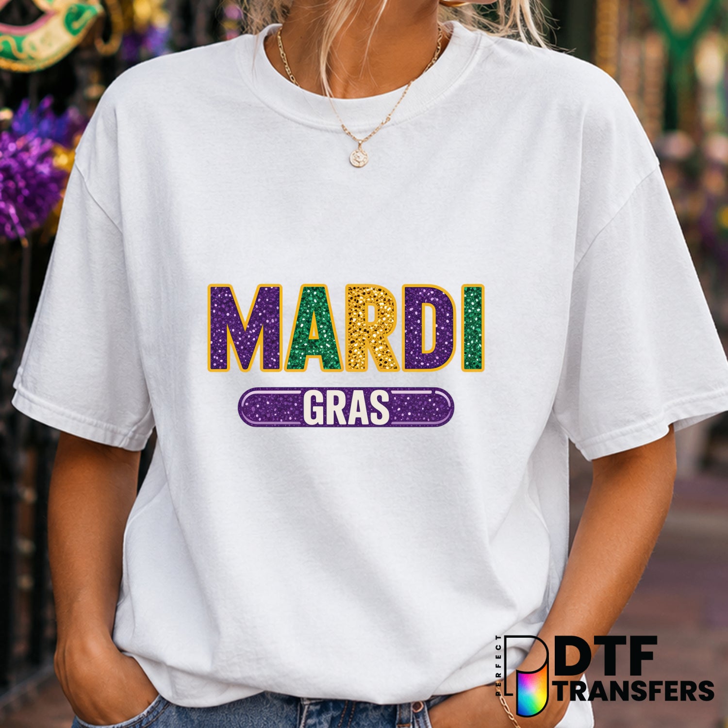 Mardi Gras Varsity Faux Glitter DTF Transfer (view 1 of 2) – by Perfect DTF Transfers – Premade DTF Transfers – Mardi Gras...