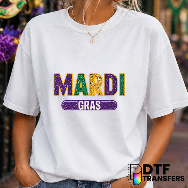 Mardi Gras Varsity Faux Glitter DTF Transfer (view 1 of 2) – by Perfect DTF Transfers – Premade DTF Transfers – Mardi Gras...