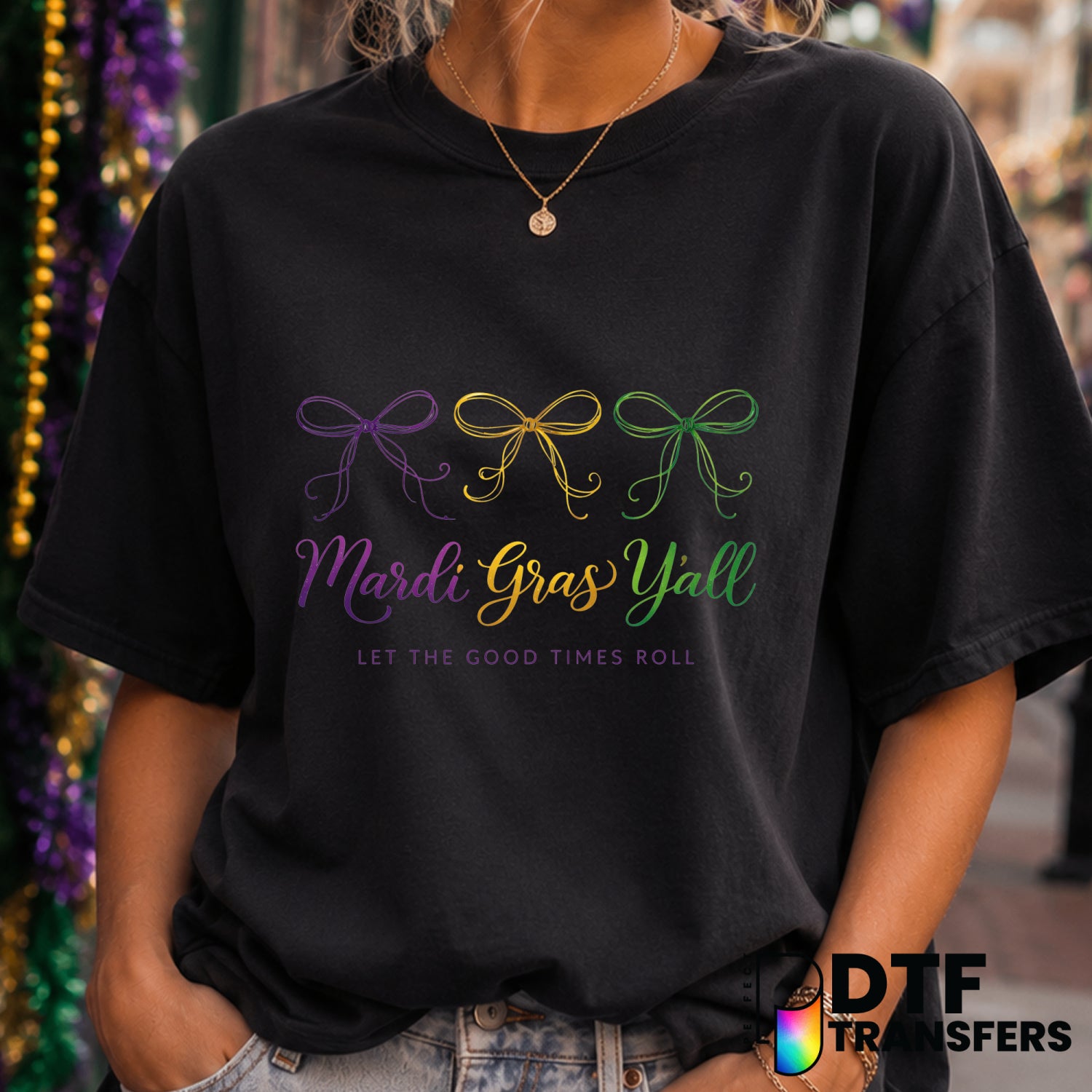 Mardi Gras Y'all Coquette Bow Script – DTF Transfer (view 1 of 2) – by Perfect DTF Transfers – Premade DTF Transfers – Mar...