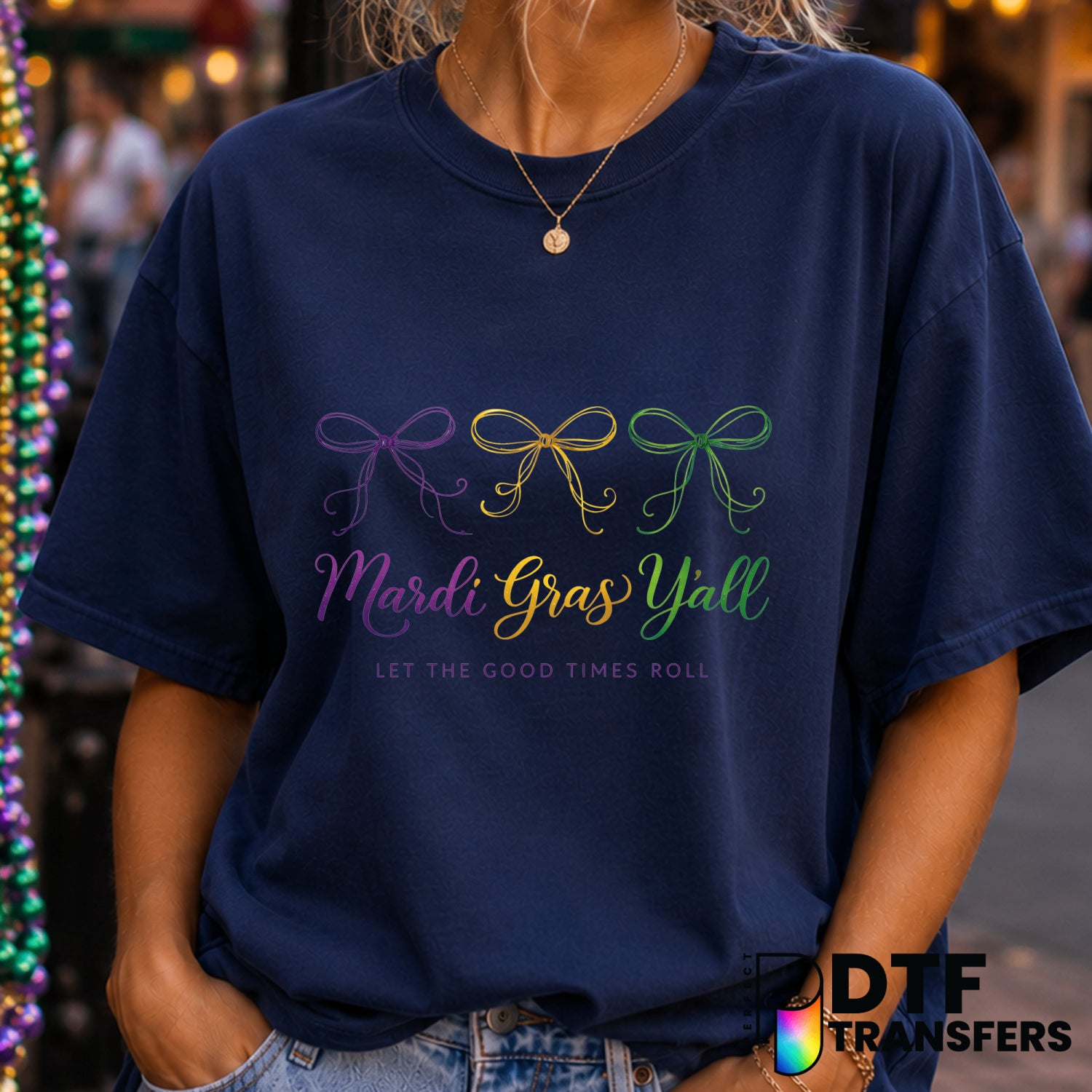 Mardi Gras Y'all Coquette Bow Script – DTF Transfer (view 2 of 2) – by Perfect DTF Transfers – Premade DTF Transfers – Mar...