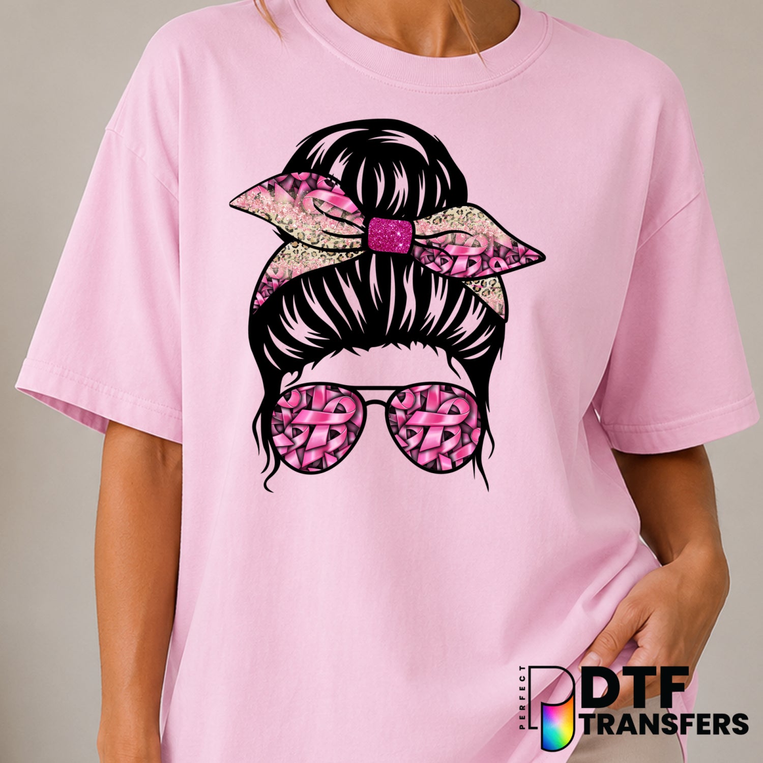 Messy Bun Pink Ribbon – Cancer Awareness DTF Transfer (view 1 of 2) – by Perfect DTF Transfers – Premade DTF Transfers – C...