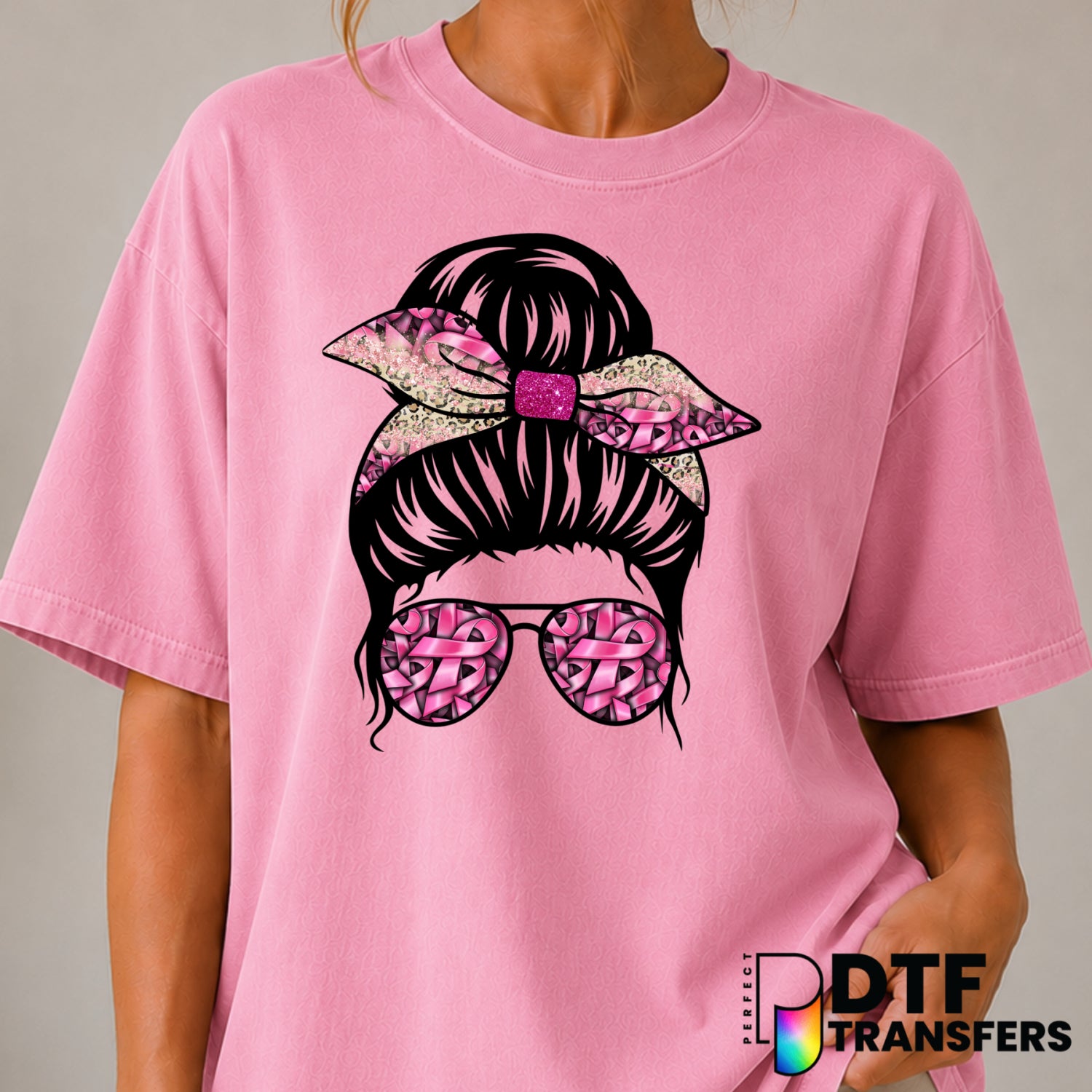 Messy Bun Pink Ribbon – Cancer Awareness DTF Transfer (view 2 of 2) – by Perfect DTF Transfers – Premade DTF Transfers – C...