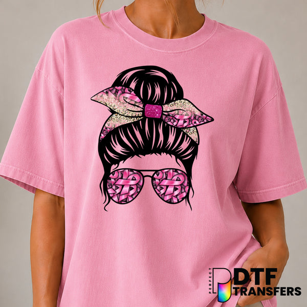 Messy Bun Pink Ribbon – Cancer Awareness DTF Transfer (view 2 of 2) – by Perfect DTF Transfers – Premade DTF Transfers – C...