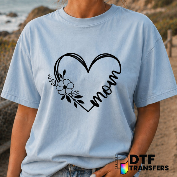Mom Script Floral Heart – Mother's Day DTF Transfer (view 1 of 2) – by Perfect DTF Transfers – Premade DTF Transfers – Mot...