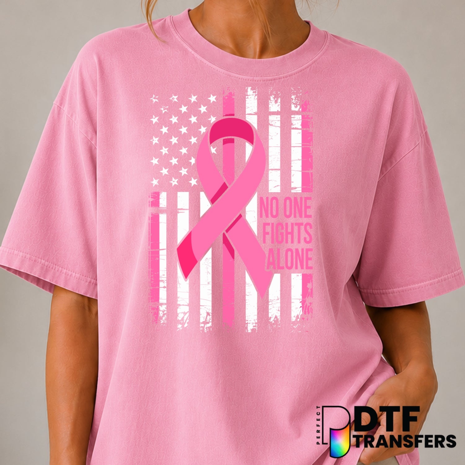No One Fights Alone American Flag Cancer Ribbon – Cancer Awareness DTF Transfer (view 1 of 2) – by Perfect DTF Transfers –...
