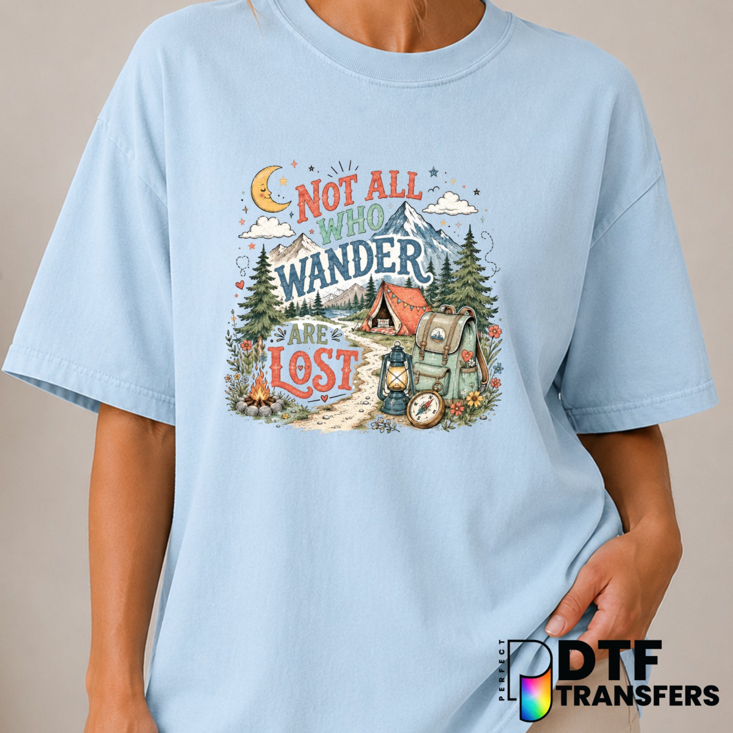 "Not All Who Wander Are Lost" – Camping DTF Transfer (view 1 of 2) – by Perfect DTF Transfers – Premade DTF Transfers – Ca...