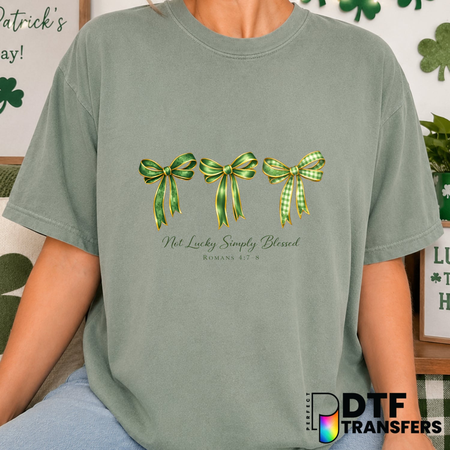 Not Lucky Simply Blessed Coquette Checkered Bow – St. Patrick's Day DTF Transfer (view 1 of 2) – by Perfect DTF Transfers...