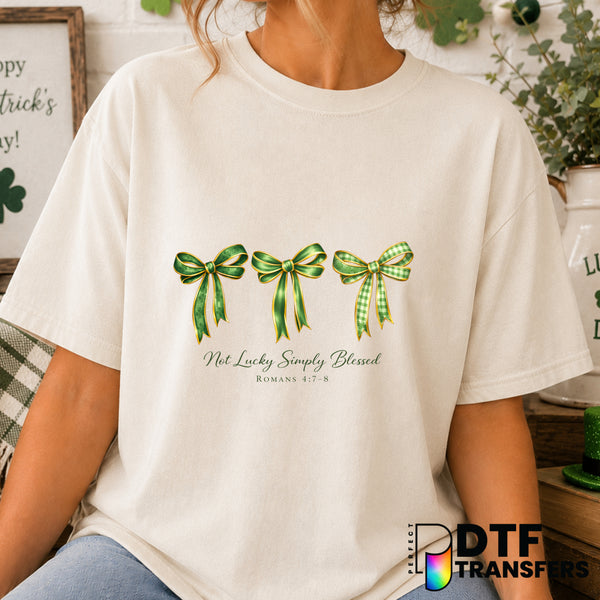 Not Lucky Simply Blessed Coquette Checkered Bow – St. Patrick's Day DTF Transfer (view 2 of 2) – by Perfect DTF Transfers...