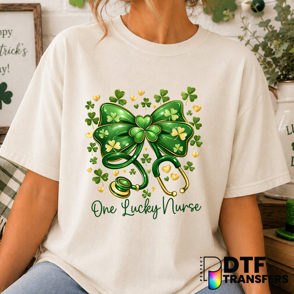 One Lucky Nurse Coquette Bow – St. Patrick's Day DTF Transfer (view 1 of 2) – by Perfect DTF Transfers – Premade DTF Trans...