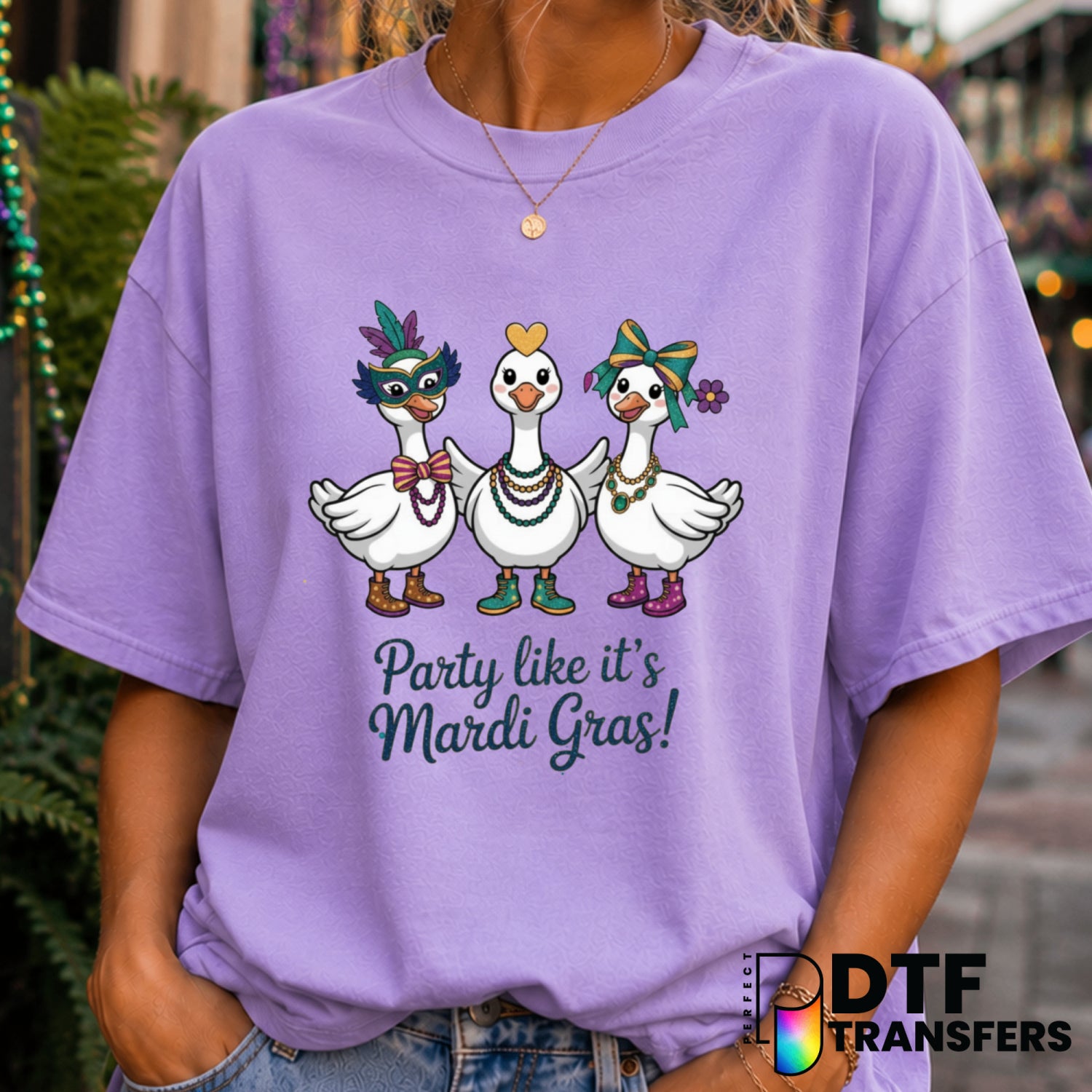 Party Like It's Mardi Gras Silly Goose – DTF Transfer (view 1 of 2) – by Perfect DTF Transfers – Premade DTF Transfers – M...